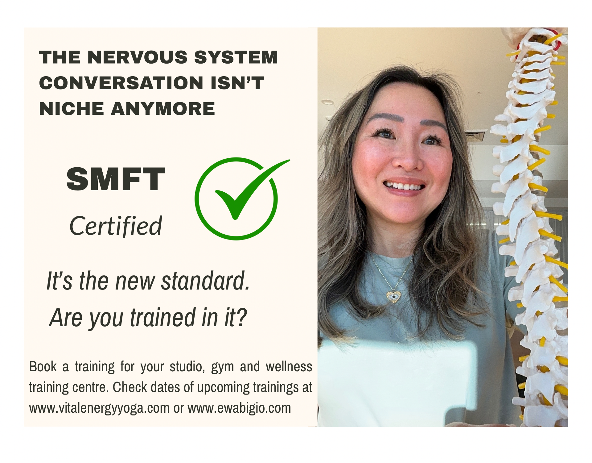 Woman smiling next to a spinal model. Text: 