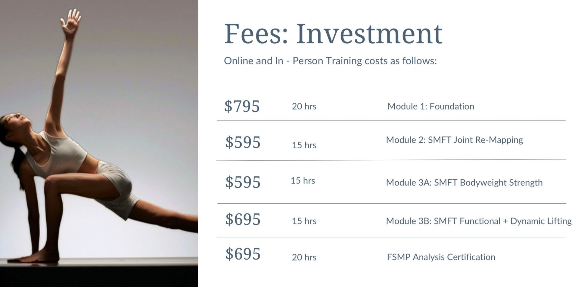 Woman in yoga pose next to a chart showing personal training fees.