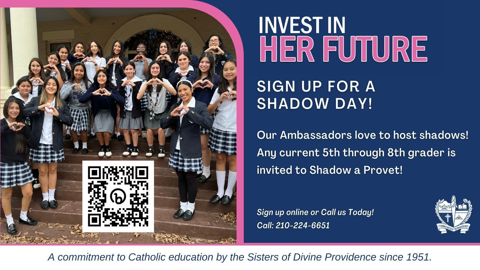 A sign that says invest in her future sign up for a shadow day