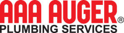 The logo for aaa auger plumbing services is red and black