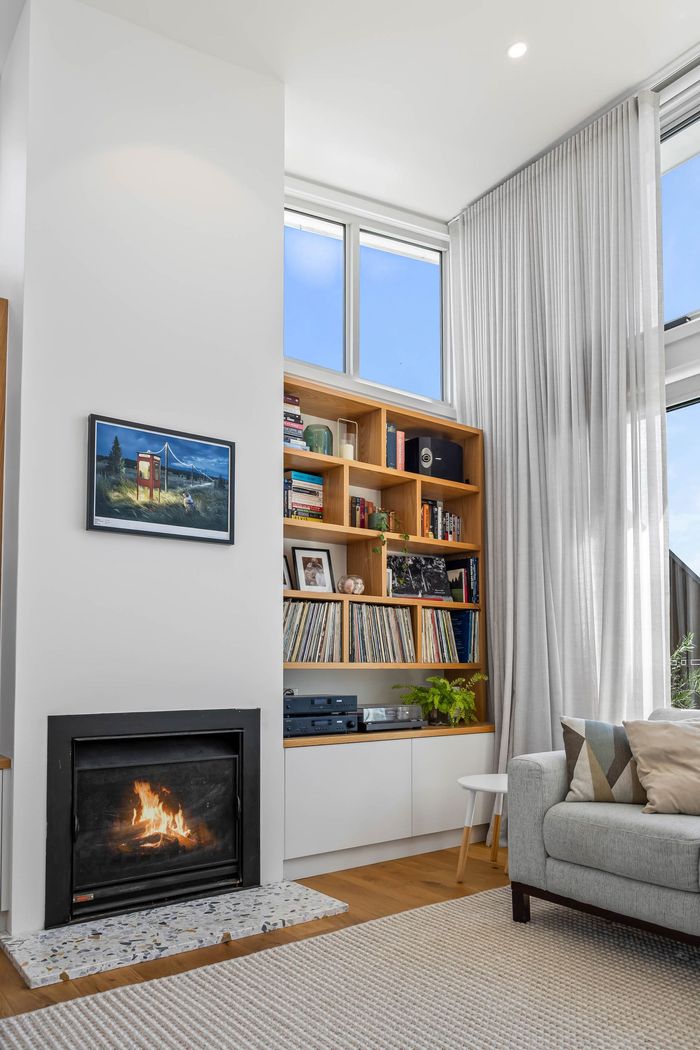 Contemporary Ballarat home interior featuring fireplace and custom joinery
