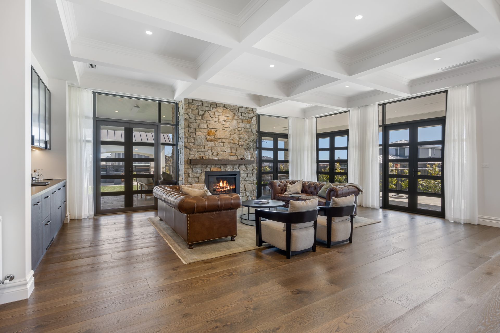 Living area with fireplace and built-in shelving