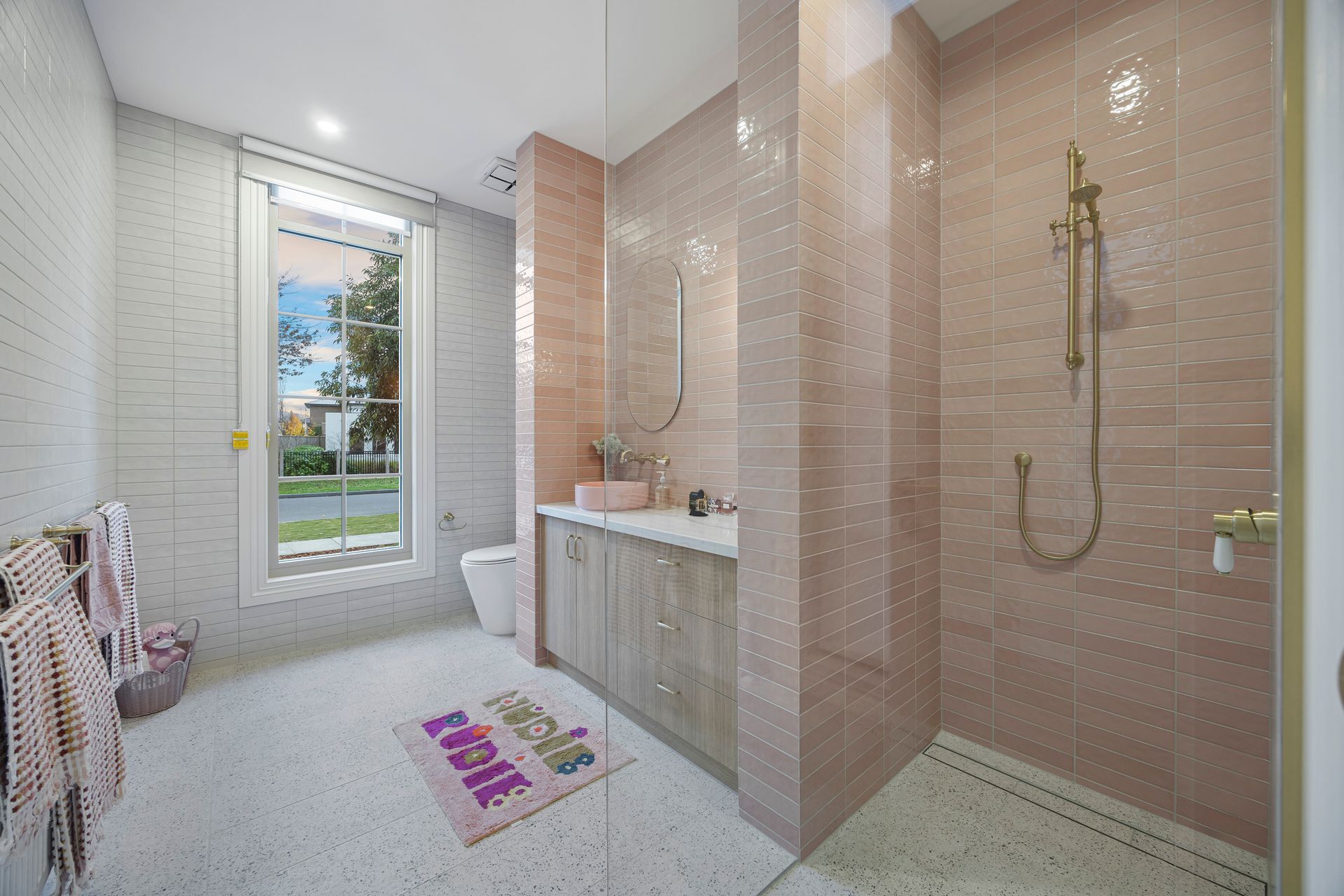 Accessible walk-in shower with terrazzo tiling