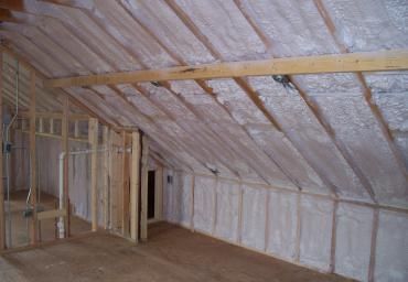Unfinished attic with exposed wooden framing and white insulation on the sloped ceiling and walls.