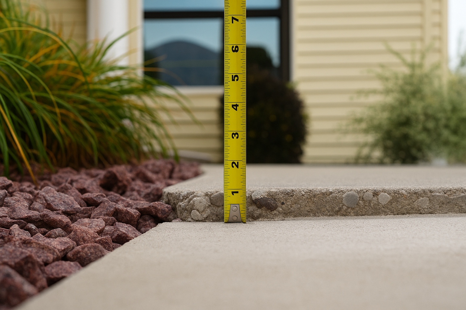 Yellow tape measure at the edge of a concrete walkway beside a rock garden and house siding.