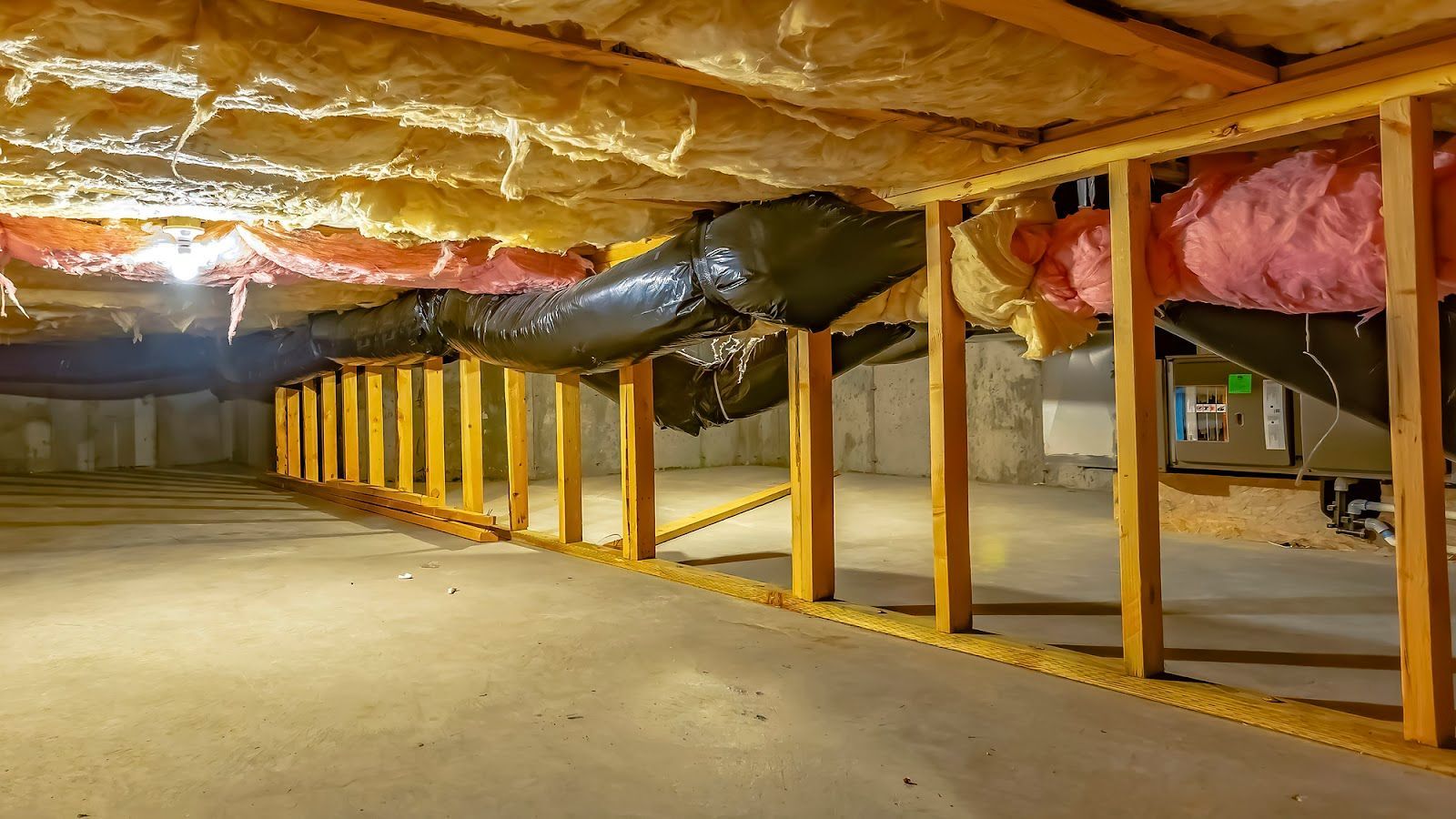 Crawlspace with exposed insulation, wooden joists, and a concrete floor under a house