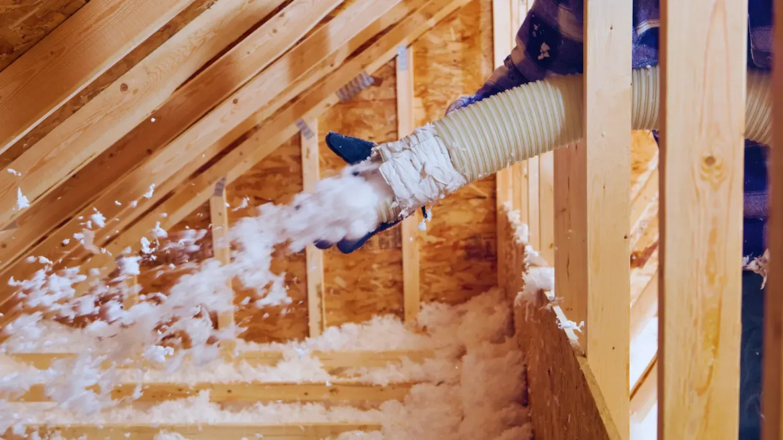 Person blowing insulation into attic through a hose in a wooden framing space
