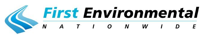 A logo for first environmental nationwide with a blue swirl
