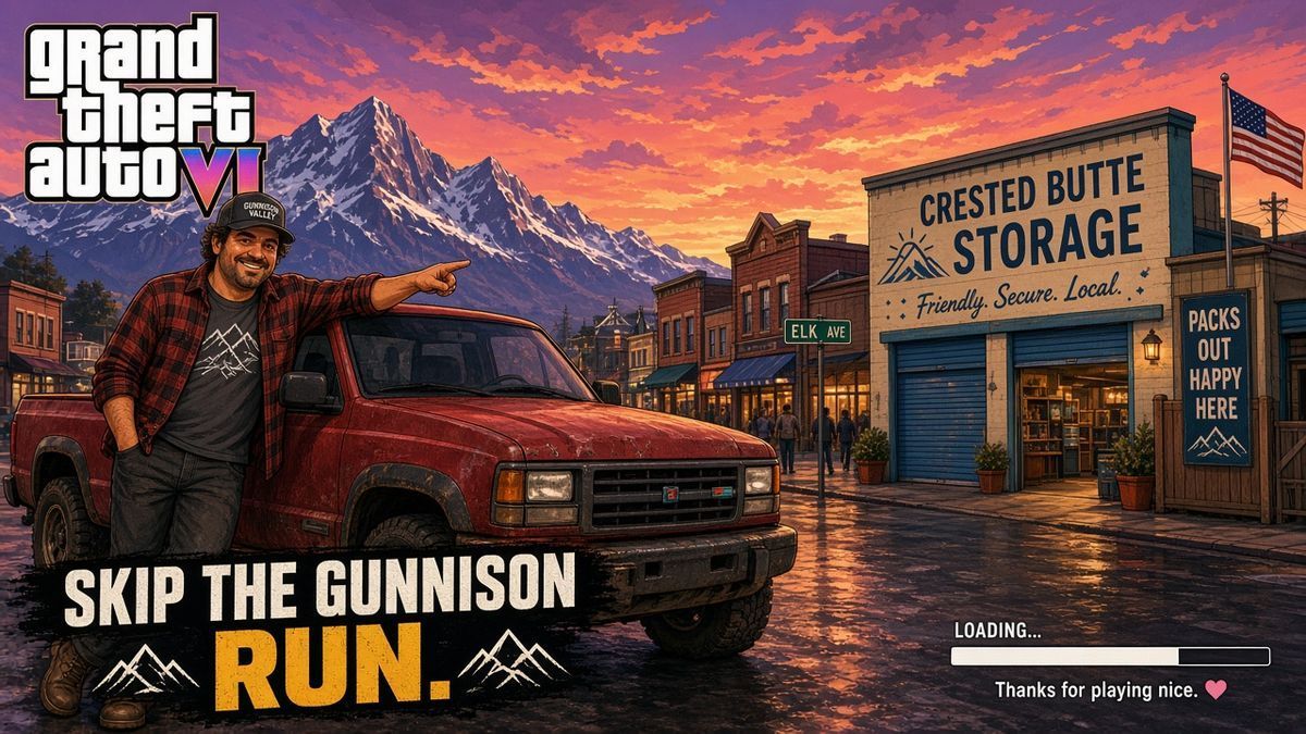 GTA-style illustration of a Gunnison Valley local pointing toward downtown Crested Butte storage instead of driving the Gunnison run