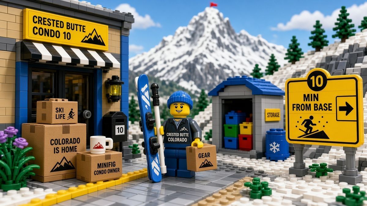 Lego-style condo owner with skis near Crested Butte storage, about 10 minutes from the mountain base
