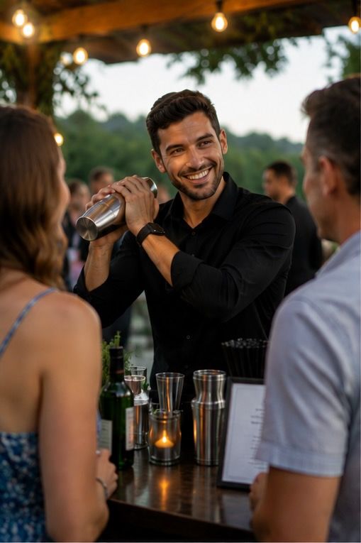 Bartender serving guests at a wedding in Western North Carolina.