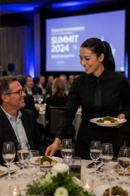 Wait staff serving an attendee at a corporate event in Asheville.