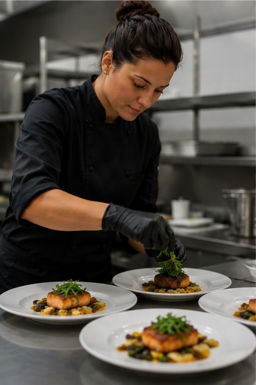 Kitchen support staff helping to plate food at an event in Asheville