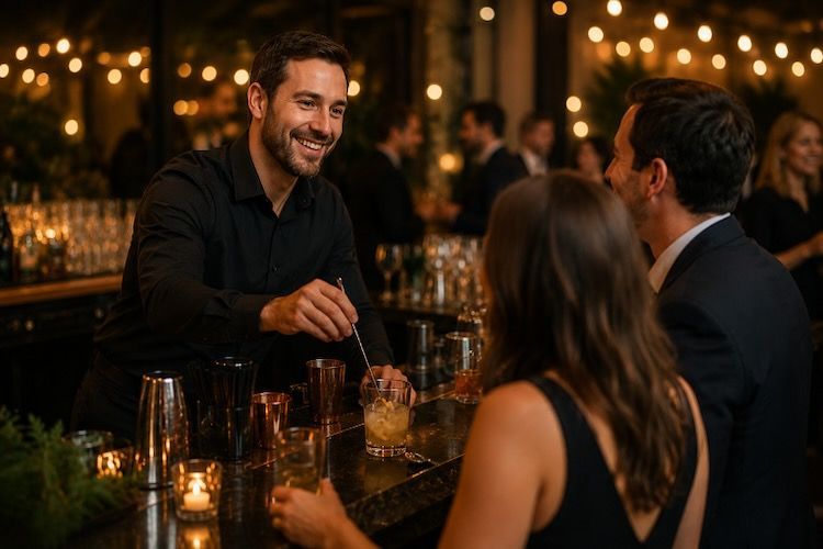 Professional bar tender from Blue Ridge Event Staffing serving guests at a wedding