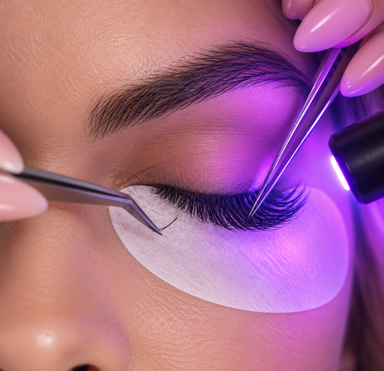 UV lash extension application using tweezers and a specialized curing light