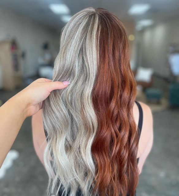 half blonde half red hair done at top hair salon springfield mo