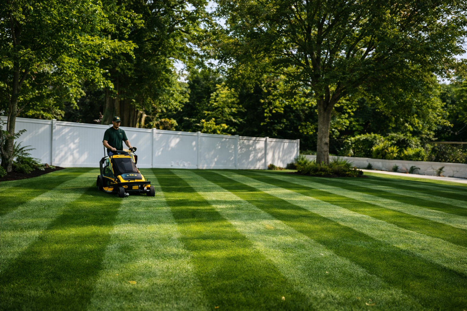 Person mowing a striped green lawn in a tree-lined yard with a white fence.