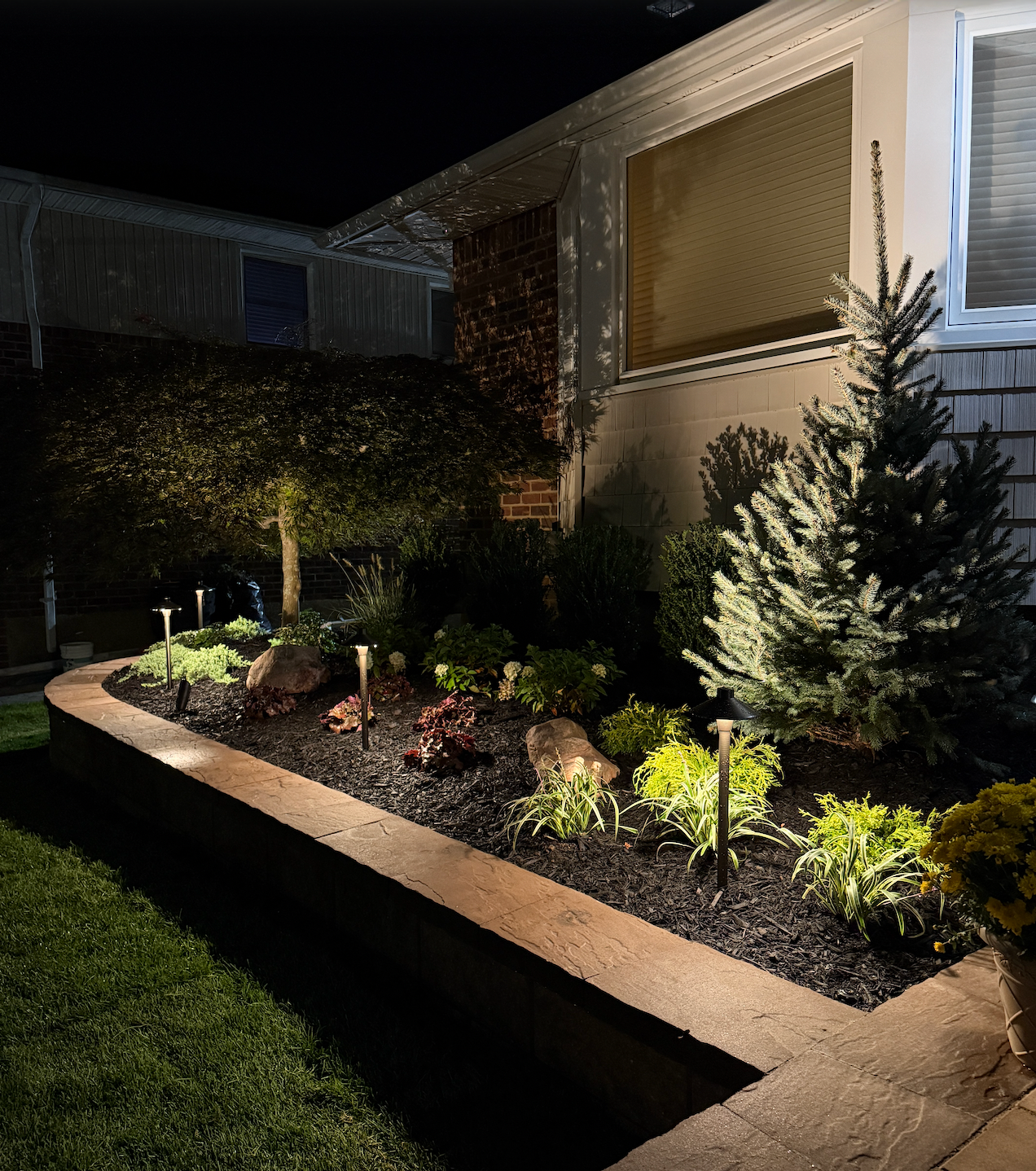 Warm-lit house and yard at night with a large tree and glowing landscape lights along a curved path.