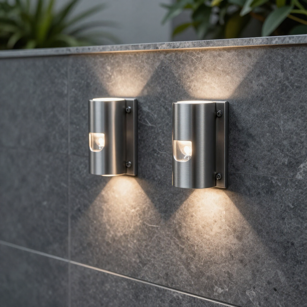 Two wall-mounted stainless steel lights casting warm beams on a dark stone wall.