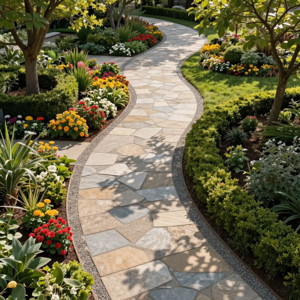 Curved stone garden path bordered by colorful flowers, shrubs, and trees in sunlight