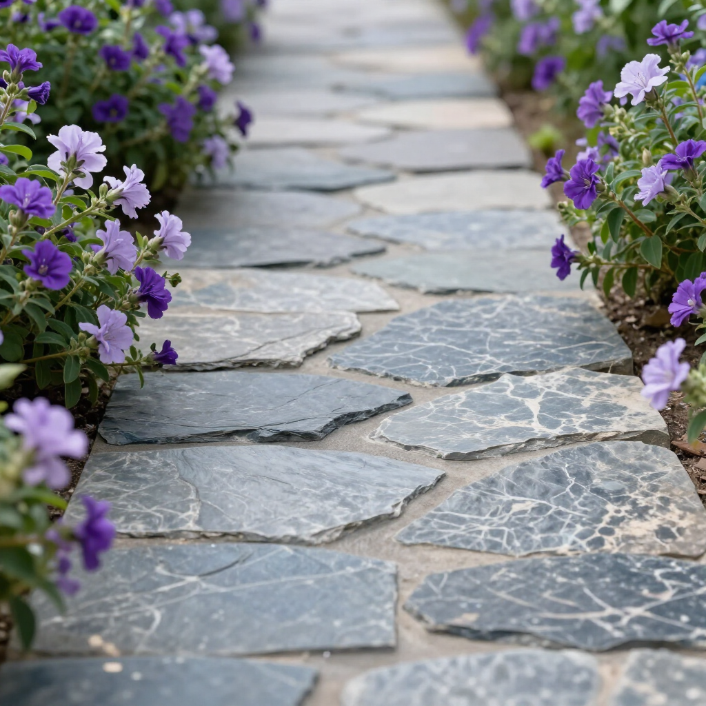 Stone garden path bordered by purple flowers and greenery