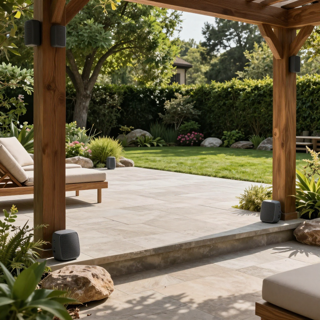 Covered patio overlooking a lush backyard garden with stone pavers, loungers, and greenery