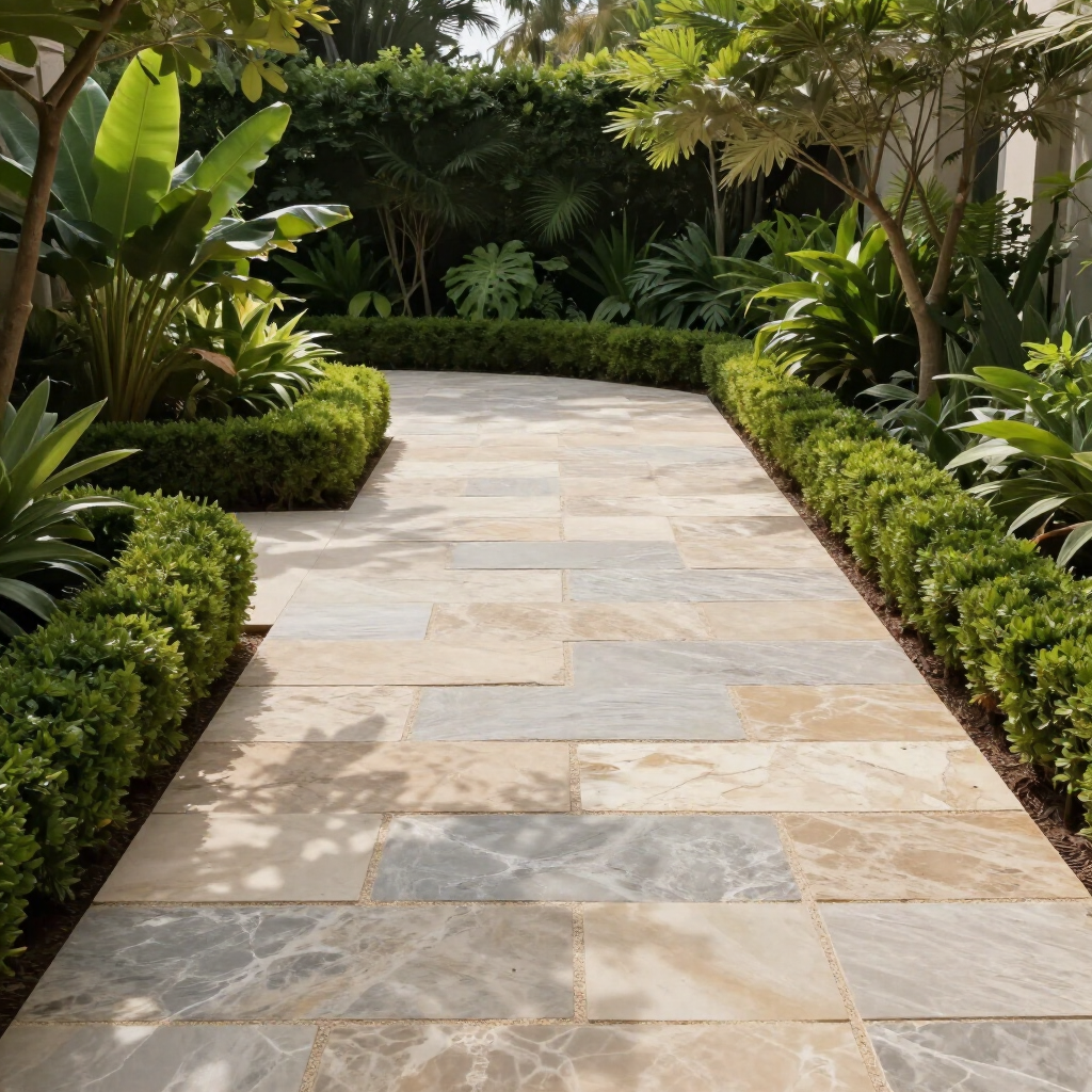 Stone garden path lined with lush tropical plants and trimmed hedges in sunlight