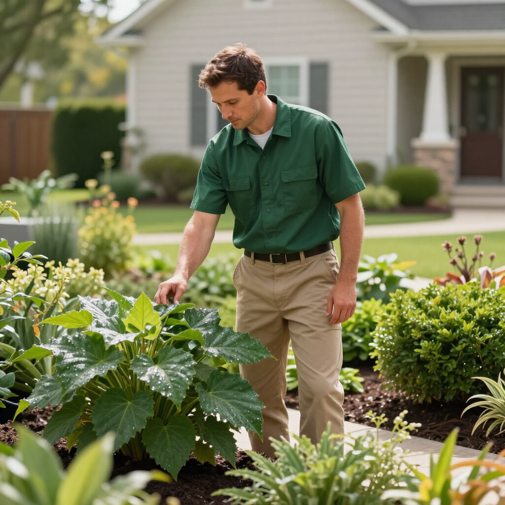 Man in green shirt tending a leafy garden in a suburban yard