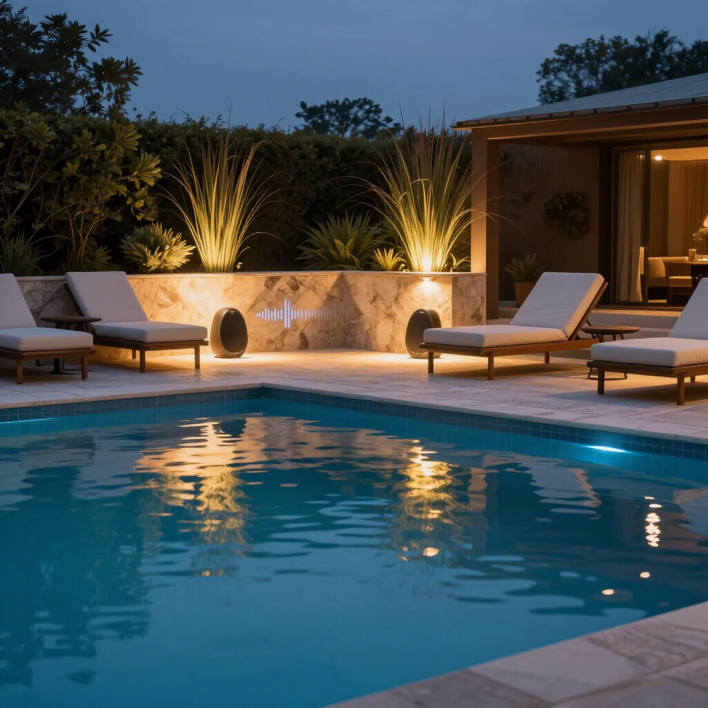 Backyard pool at dusk with lounge chairs and warm garden lighting, reflecting in the water