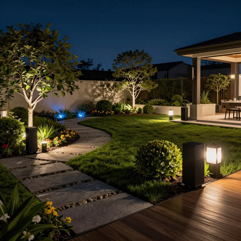 Illuminated backyard garden with stone path, lawn, trees, and a lit patio at night