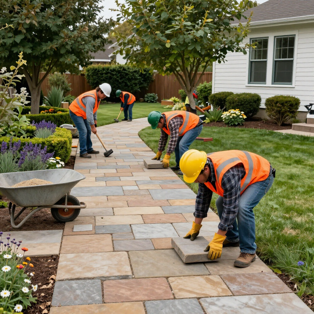 Workers in orange vests laying a stone garden path beside a house