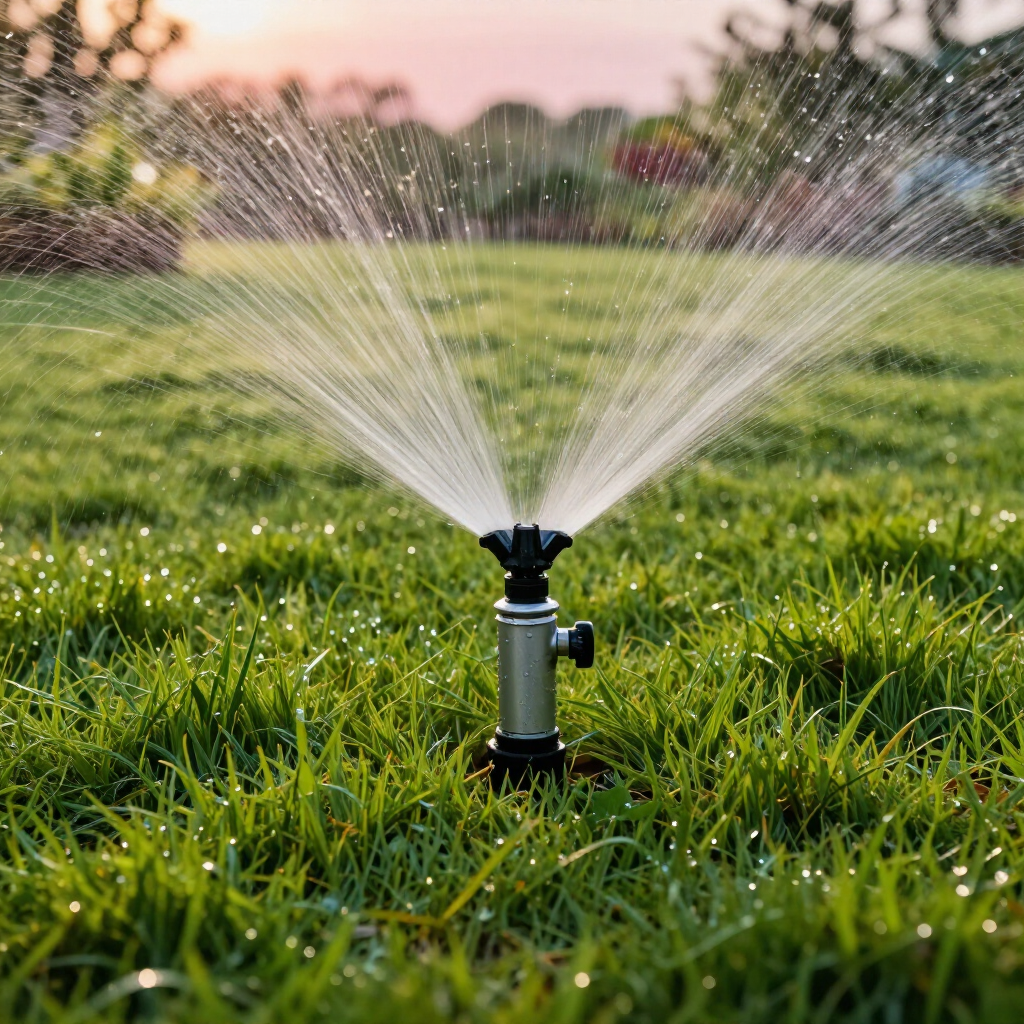 Lawn sprinkler spraying water in a green yard at sunset