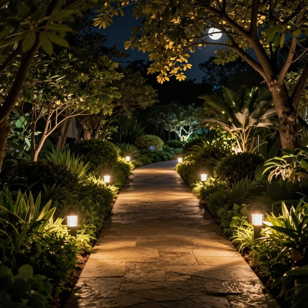 Moonlit garden path lined with glowing lanterns and lush tropical plants