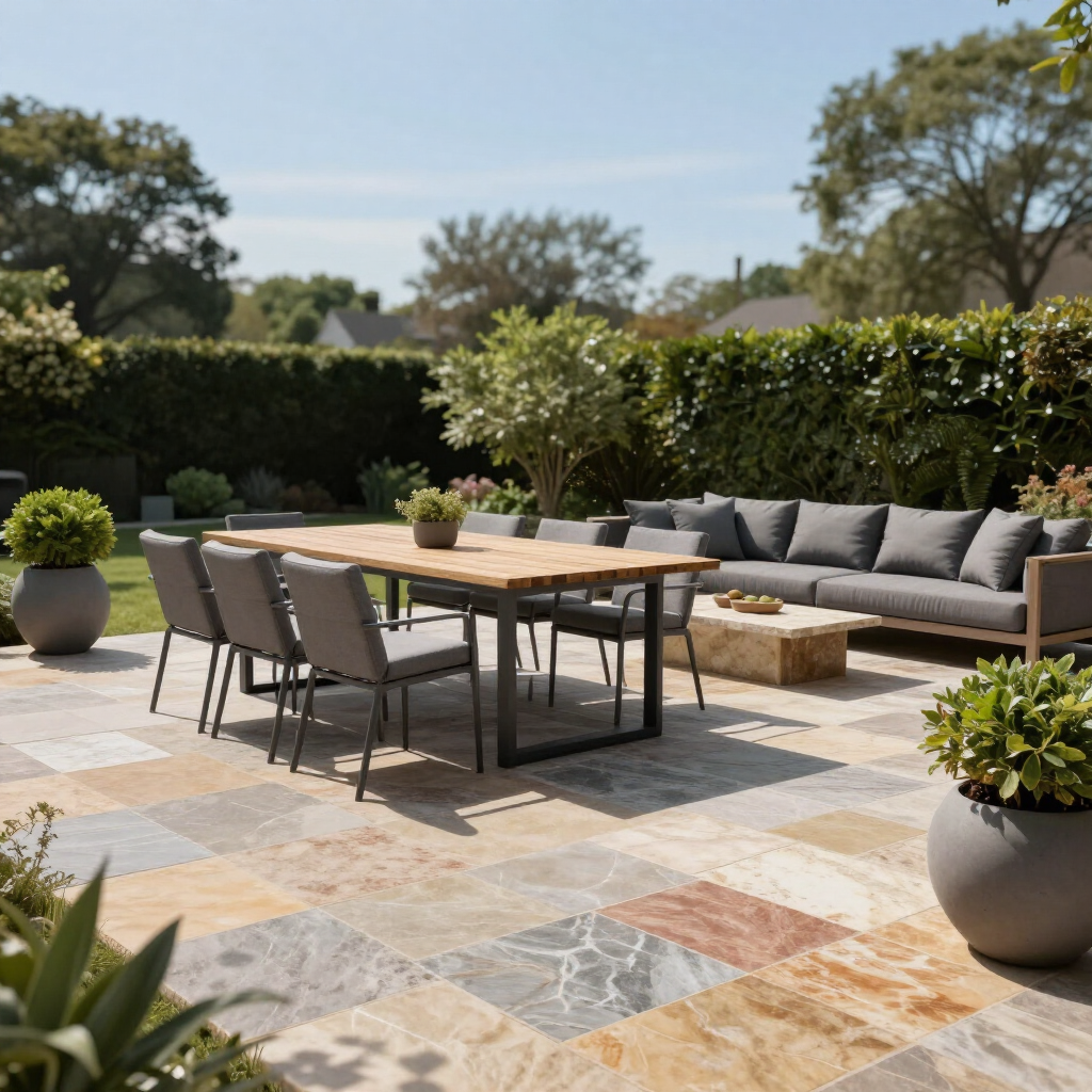 Modern outdoor patio with dining table, gray sofa, potted plants, and patterned stone flooring