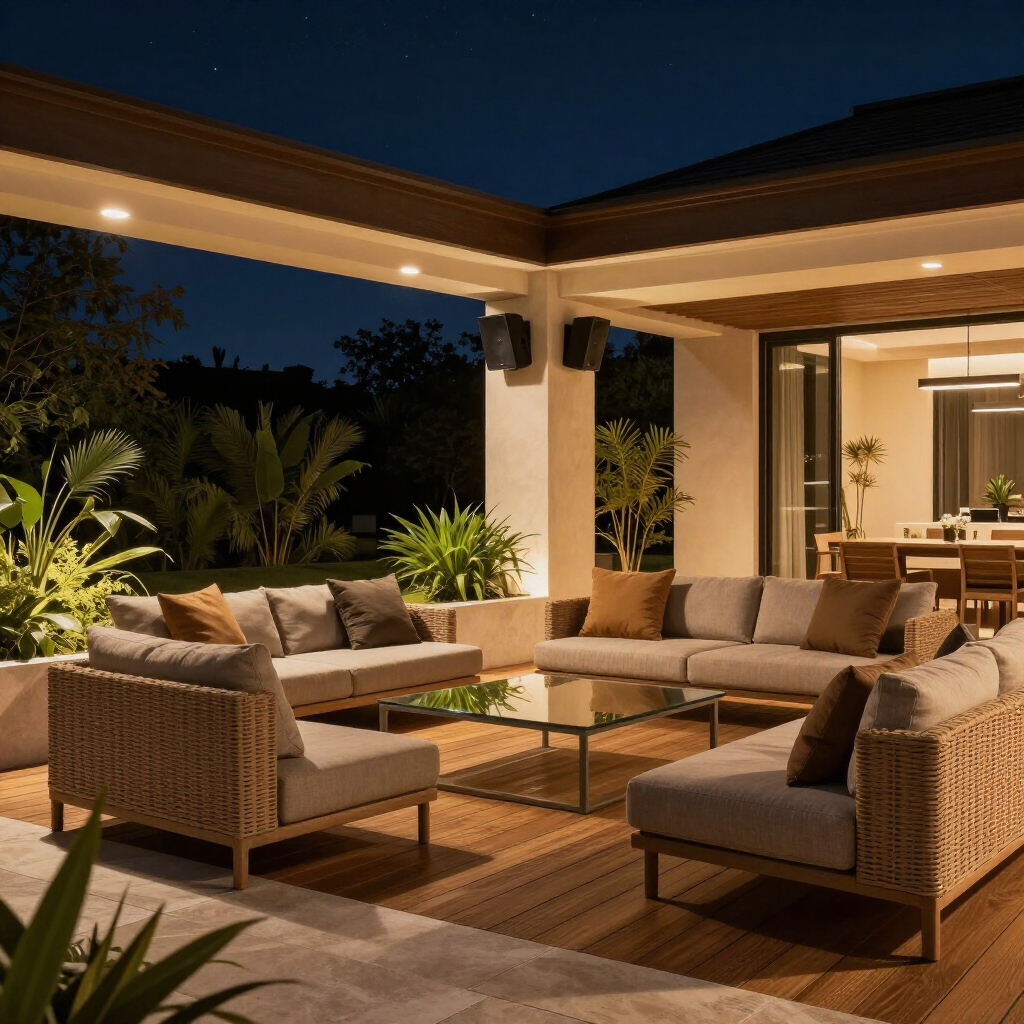 Covered patio lounge with wicker sofas, glass table, and warm evening lighting overlooking a garden