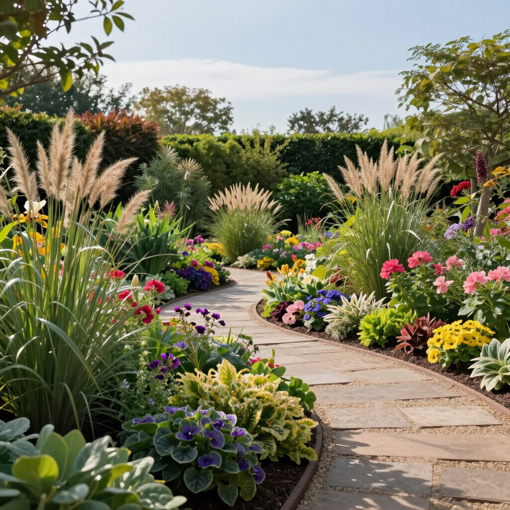 Curved garden path bordered by colorful flowers, tall grasses, and shrubs under a bright sky