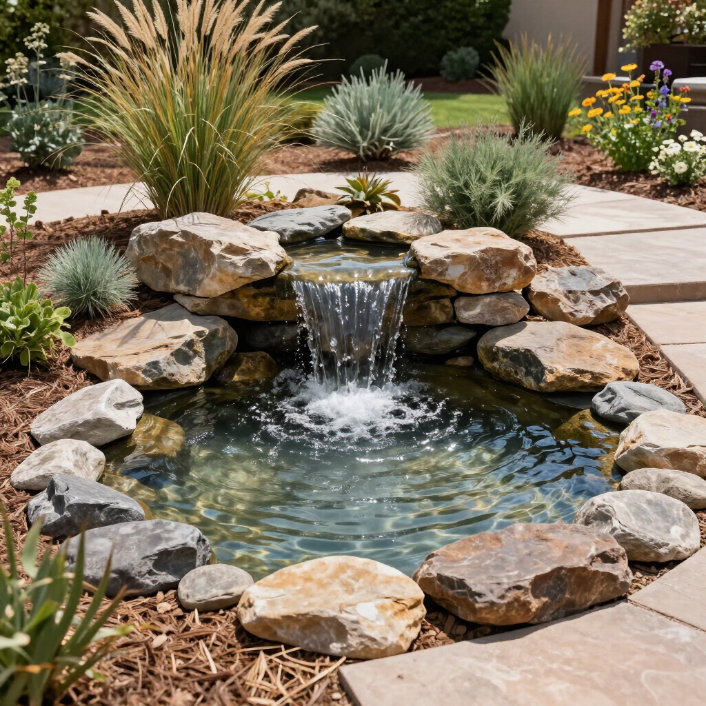 Rock garden pond with a small waterfall, surrounded by stones and desert plants.