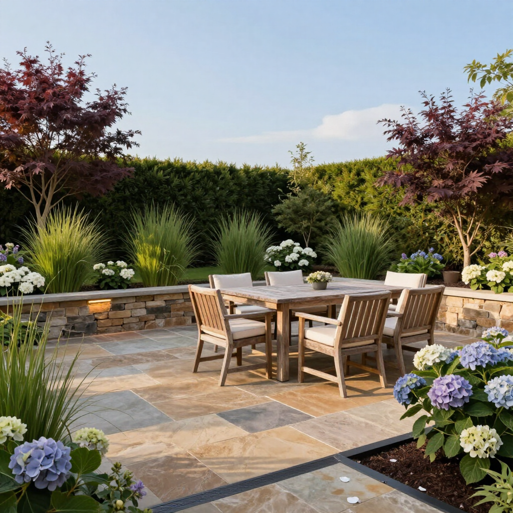 Patio garden with wooden dining set, stone paving, white flowers, and lush greenery under a blue sky