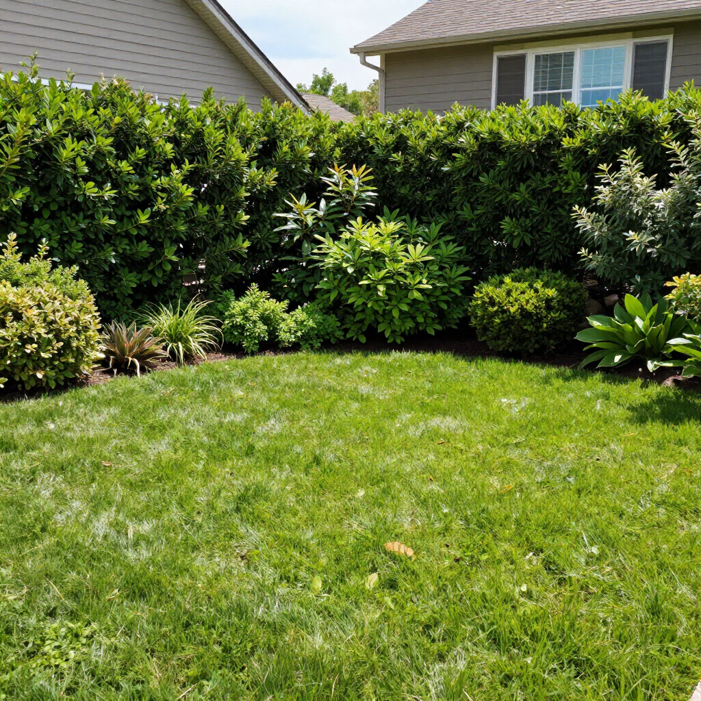 Green lawn bordered by dense shrubs in a suburban backyard with houses in the background