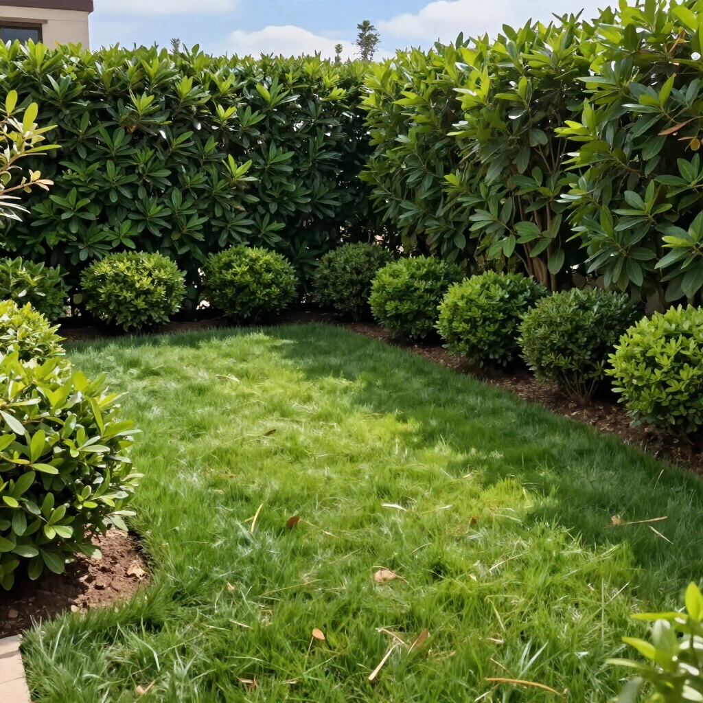Lush green backyard garden with trimmed hedges and a grassy lawn under a clear sky