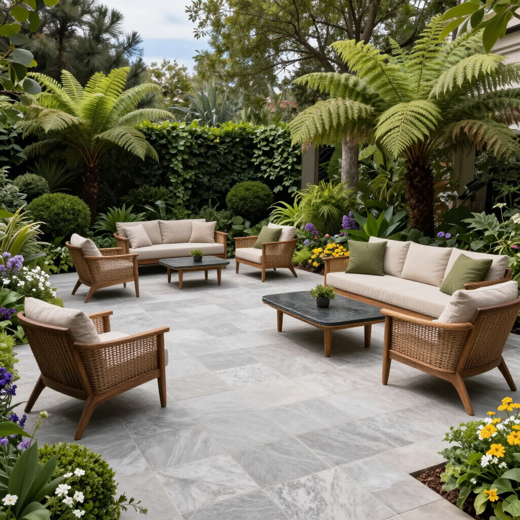 Patio seating area with wicker sofas, armchairs, coffee tables, and lush tropical plants