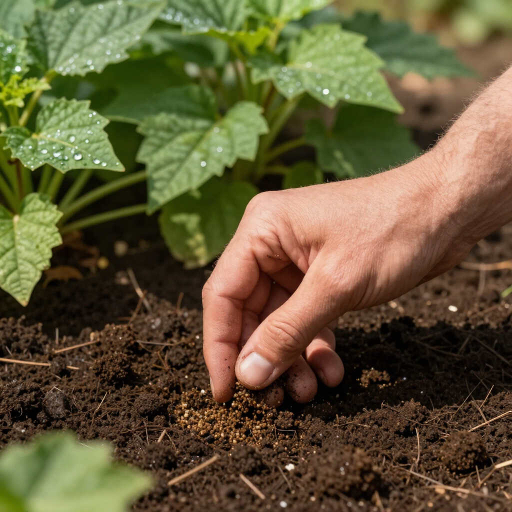 Hand planting seeds in dark soil beside green seedlings in a garden bed