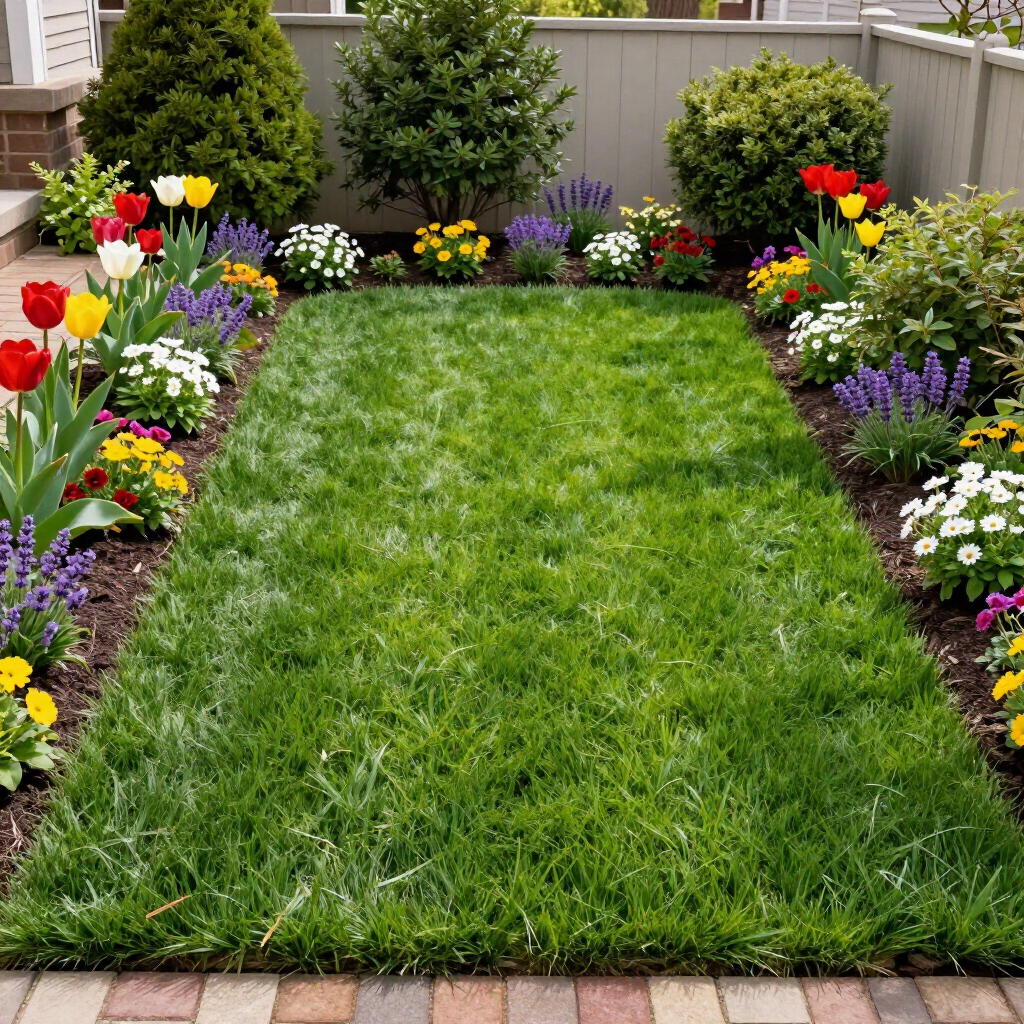 Neatly landscaped backyard with a green lawn bordered by colorful flowers and shrubs