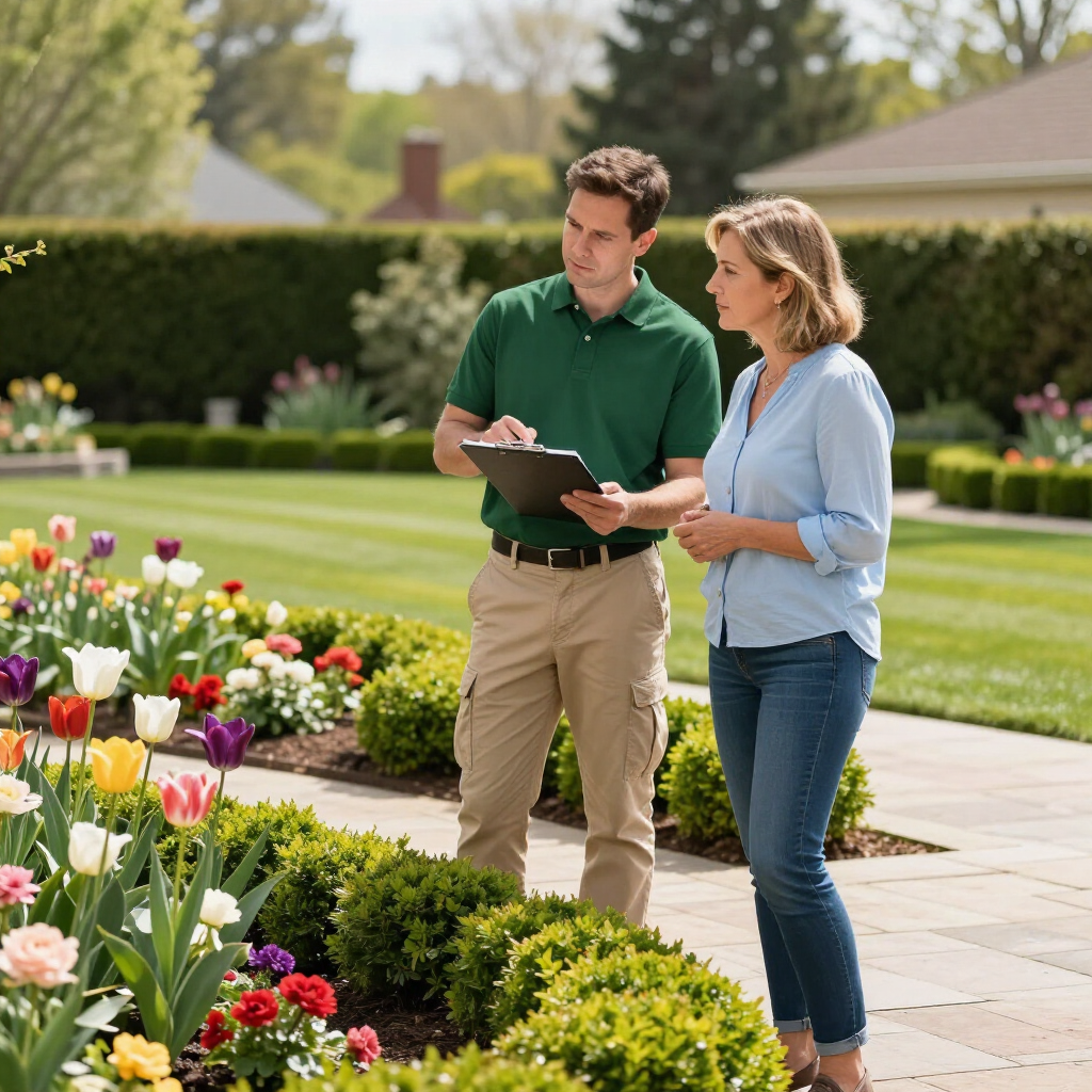 Two people reviewing a clipboard beside a colorful flower bed in a sunny garden.