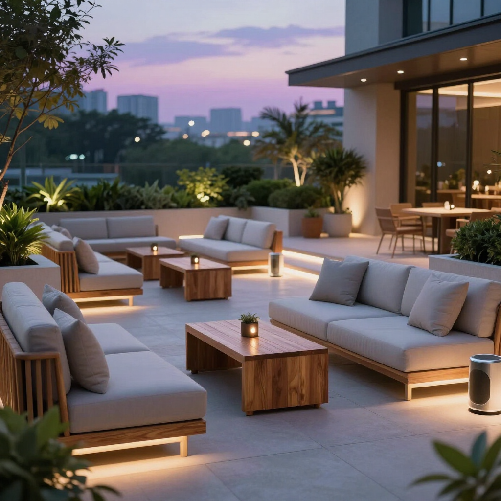 Modern outdoor patio with beige sofas, wooden tables, and warm lighting at dusk.