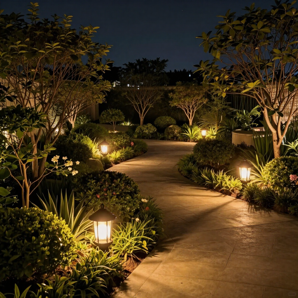 Lantern-lit garden path curving through lush shrubs and trees at night