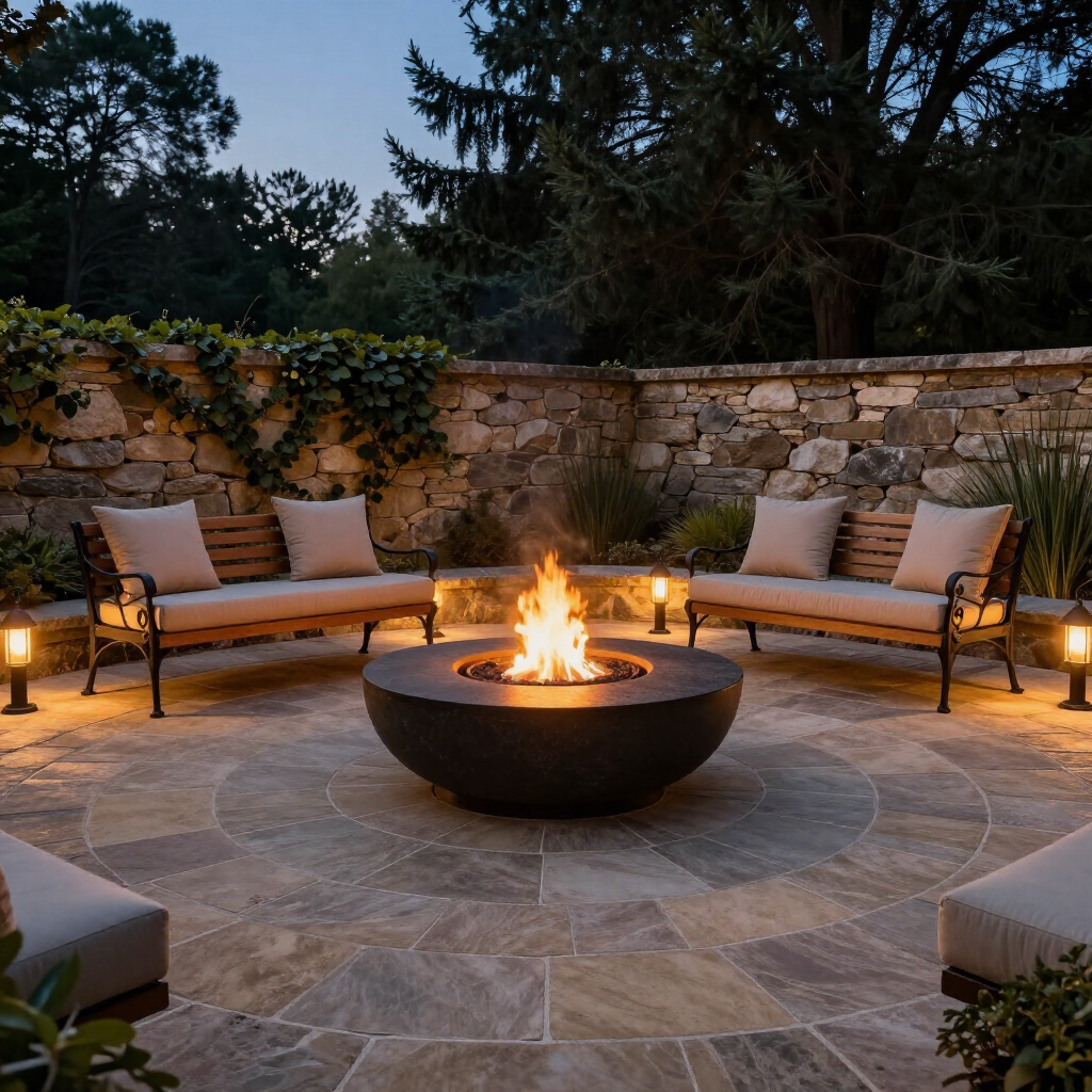 Cozy outdoor fire pit seating area with two benches, lanterns, and stone wall at dusk