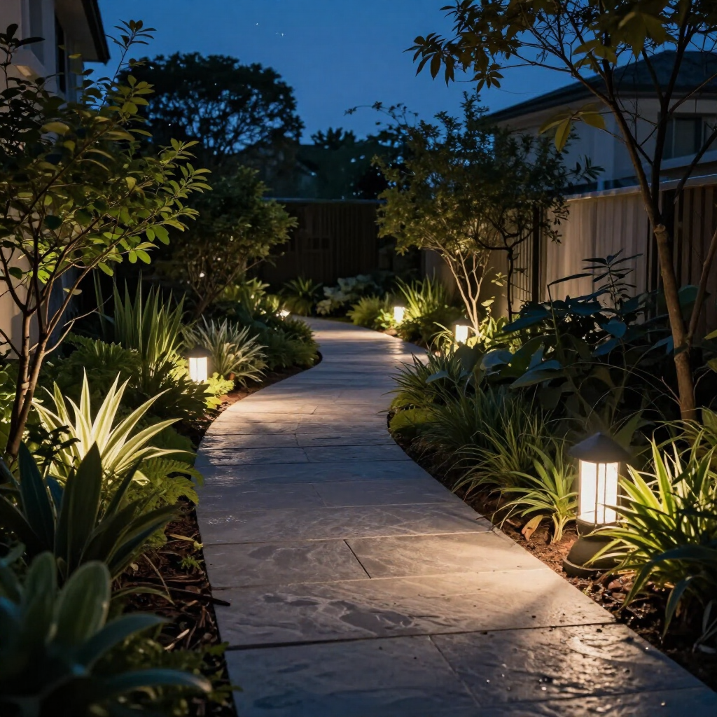Curved garden pathway lit by warm landscape lights at dusk, surrounded by lush plants and trees.