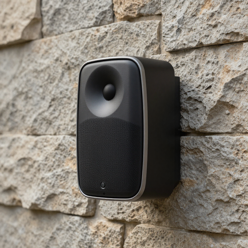 Black outdoor speaker mounted on a stone wall outdoors