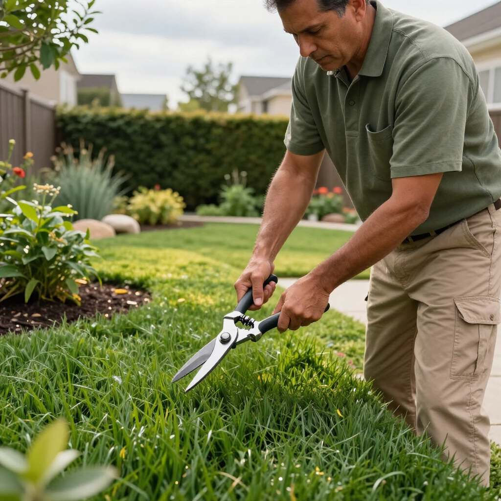 Man trimming tall grass with large shears in a suburban garden